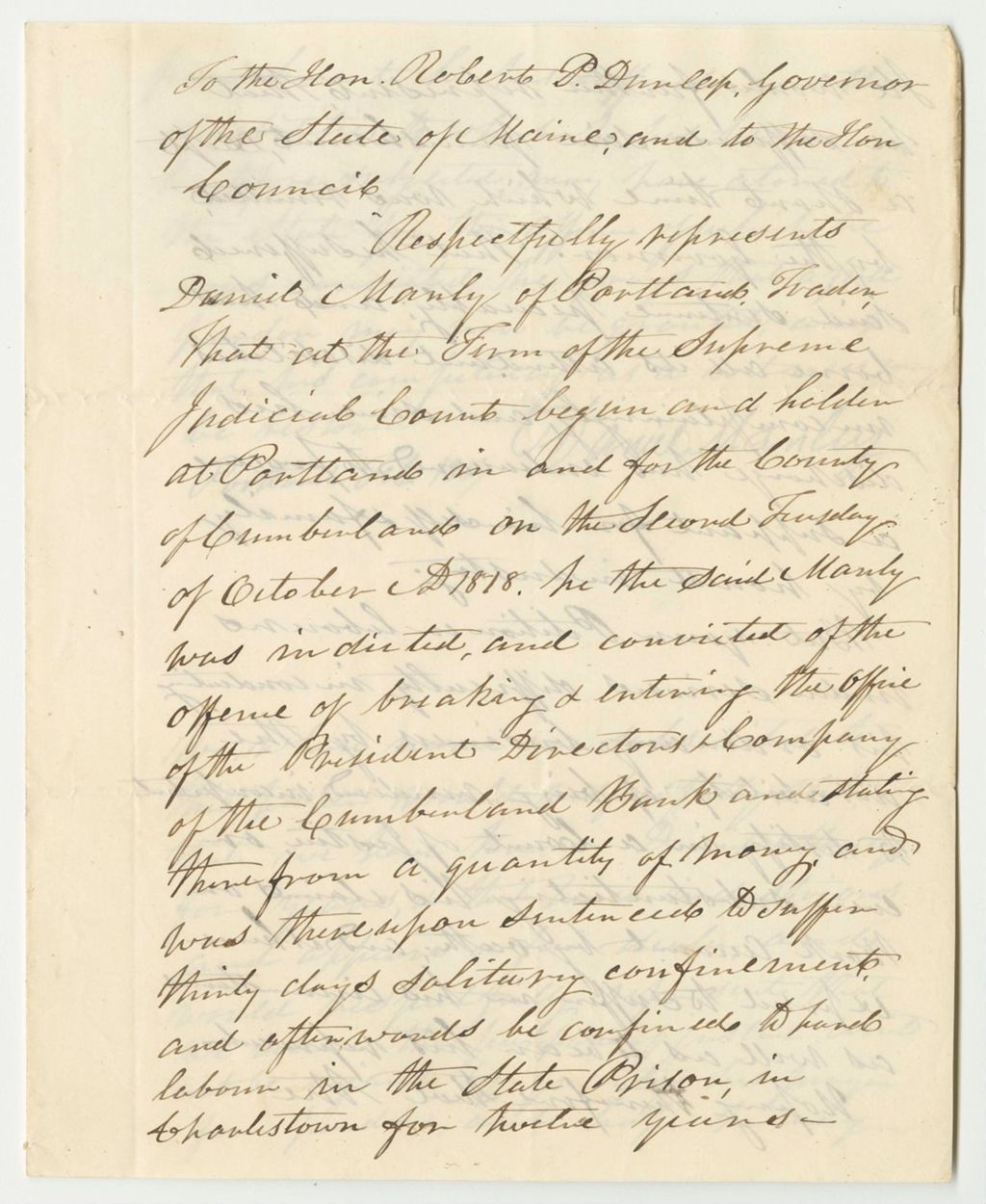 Miniature of Petition of Daniel Manley for a Pardon