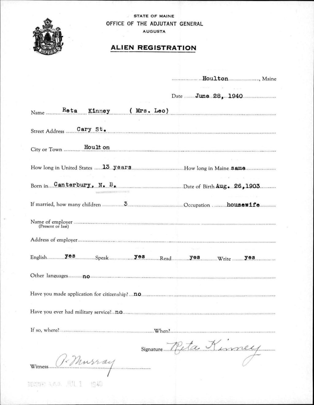 Miniature of Alien Registration- Kinney, Reta (Houlton, Aroostook County)