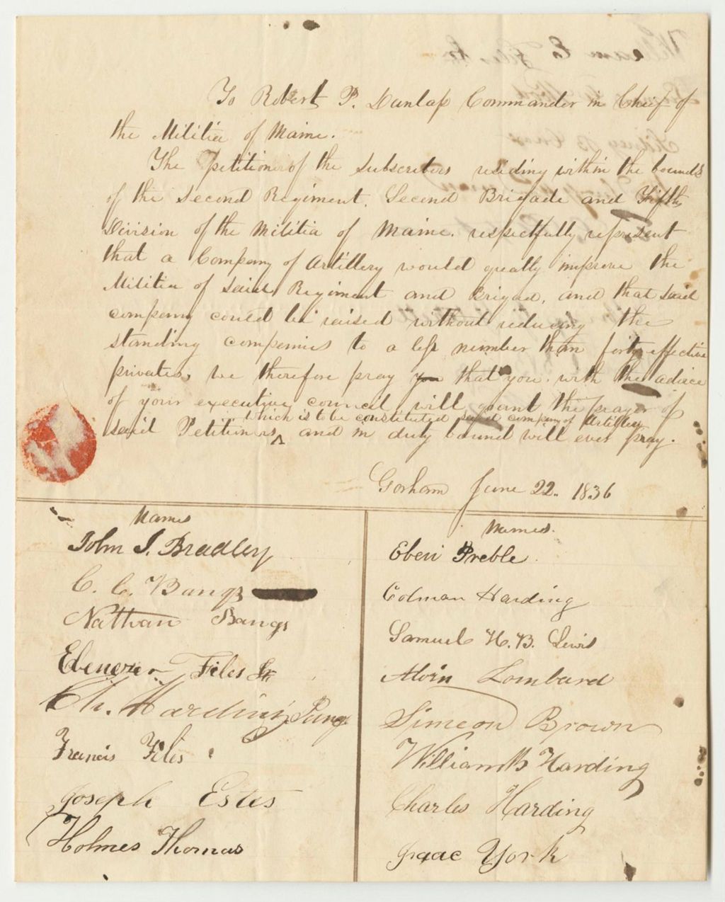 Miniature of Petition of John J. Bradley to Form an Artillery Company in Gorham