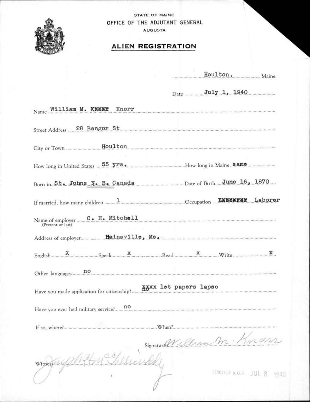 Miniature of Alien Registration- Knorr, William M. (Houlton, Aroostook County)