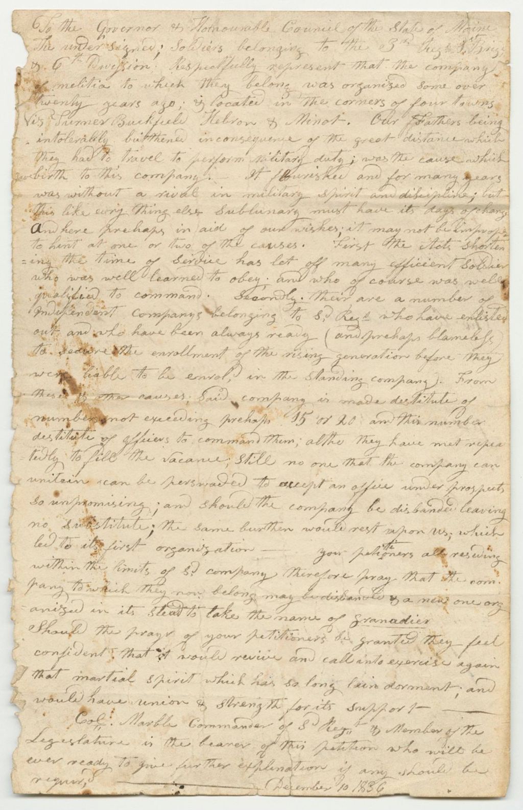 Miniature of Petition of Daniel H. Keen and Others for a Company of Light Infantry in Turner and Buckfield