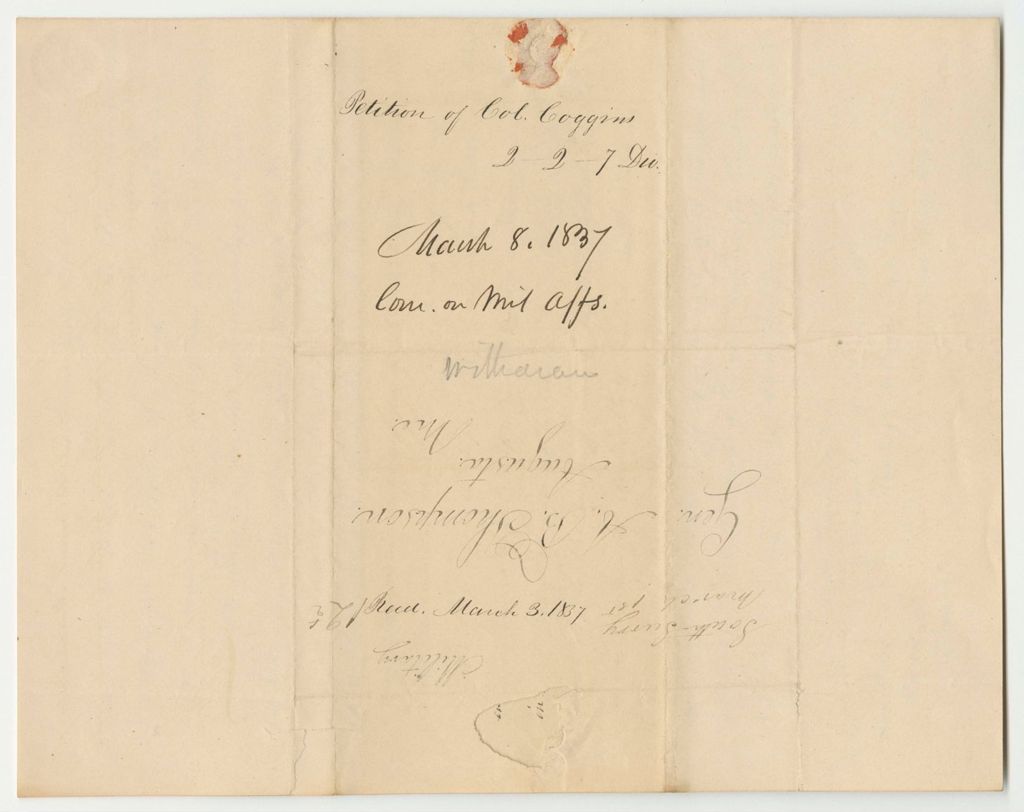 Miniature of Petition of Col. William Coggin to Discharge of Certain Officers in the 2nd Regiment 2nd Brigade 7th Division