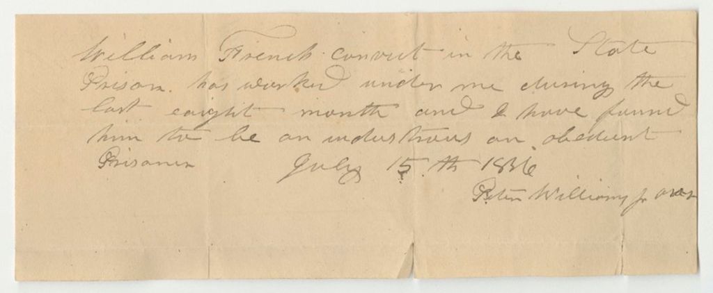 Miniature of Certificate of Peter Williams, Jr., on the Conduct of William French in Prison