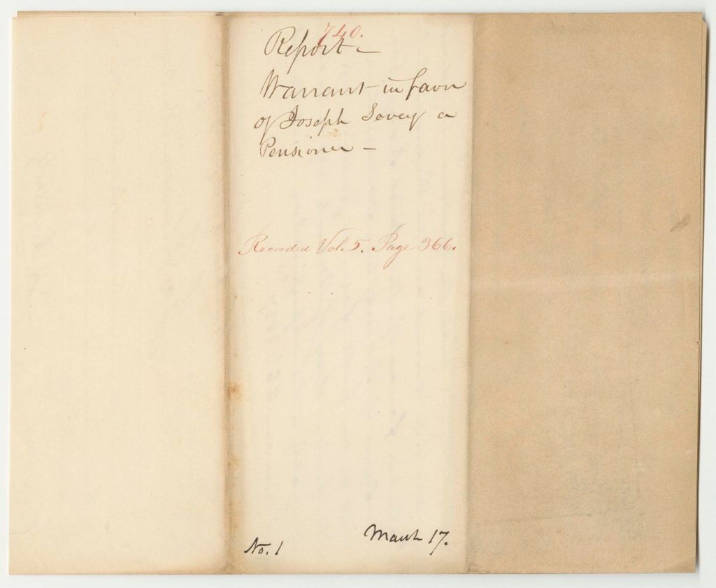 Miniature of Report 740: Warrant in Favor of Joseph Sevey for a Pension