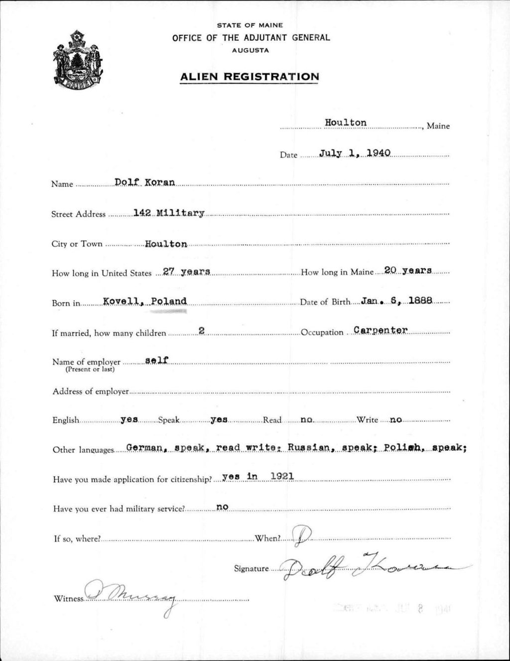 Miniature of Alien Registration- Koran, Dolf (Houlton, Aroostook County)