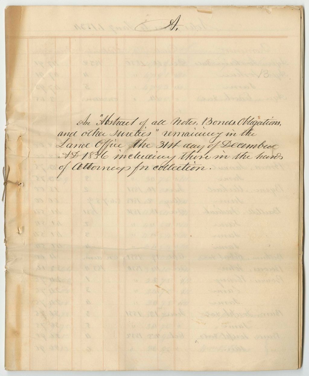 Miniature of Abstract of All Notes, Bonds, Obligations, and Other Sureties Remaining in the Land Office for 1836