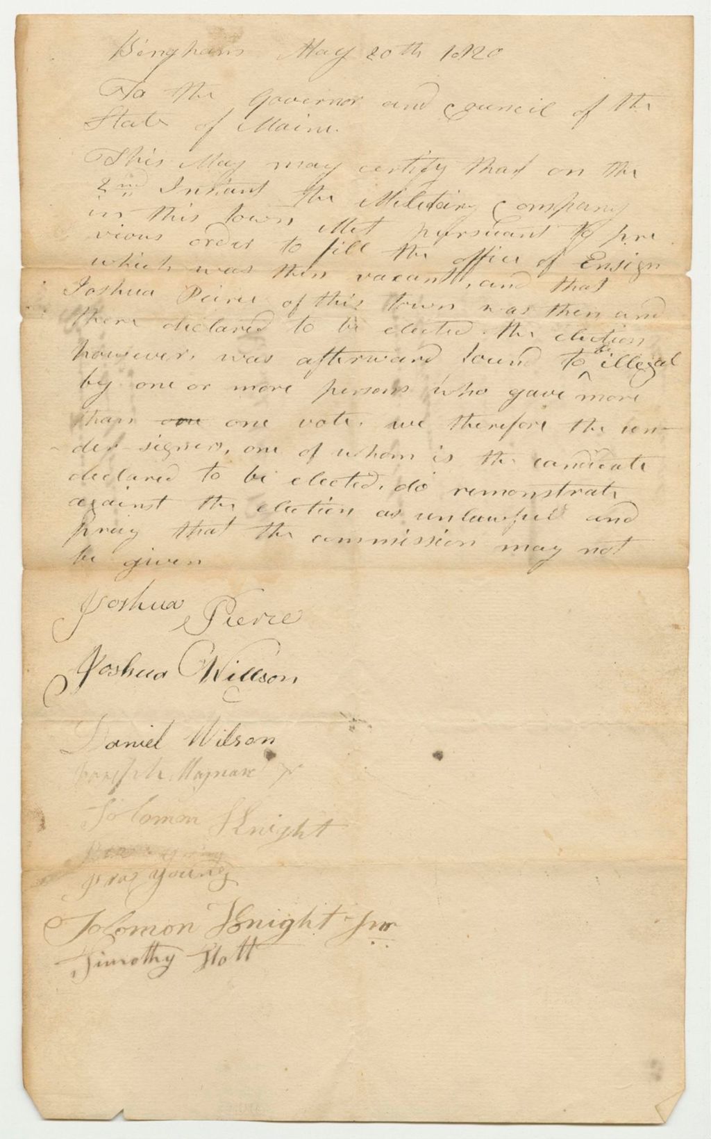 Miniature of Remonstrance against the election of Joshua Pierce as Ensign of a militia Company