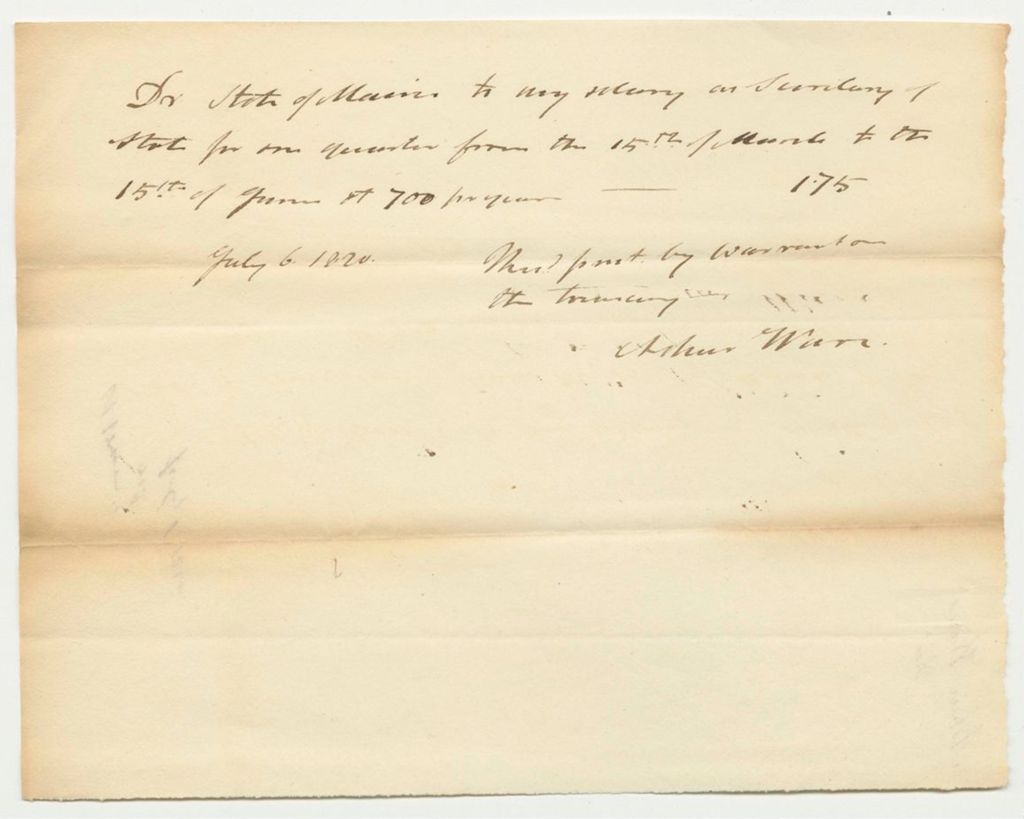Miniature of Warrant 4: Warrant in Favor of Asher Ware for his Salary for the Quarter ending in June 1820