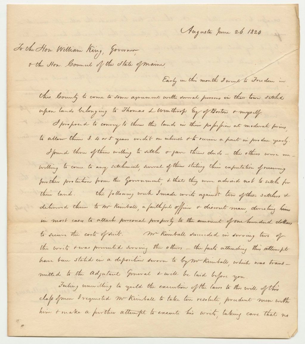 Miniature of Letter of Ruell Williams RE: Land Dispute in Freedom