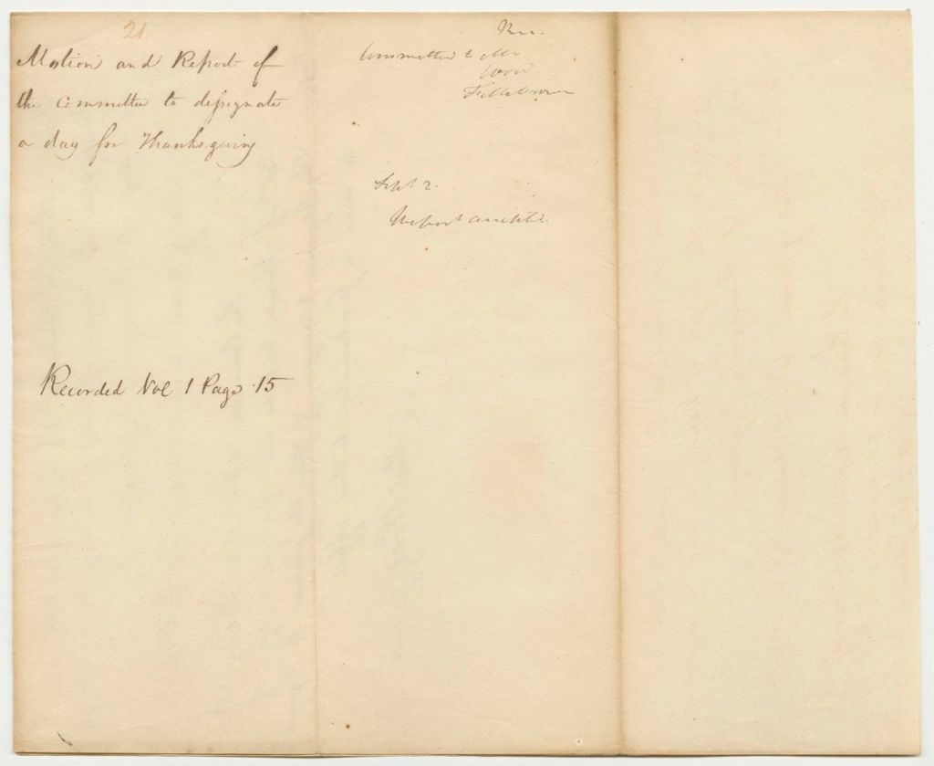 Miniature of Report 21: Motion and Report of the Committee to designate a day for Thanksgiving
