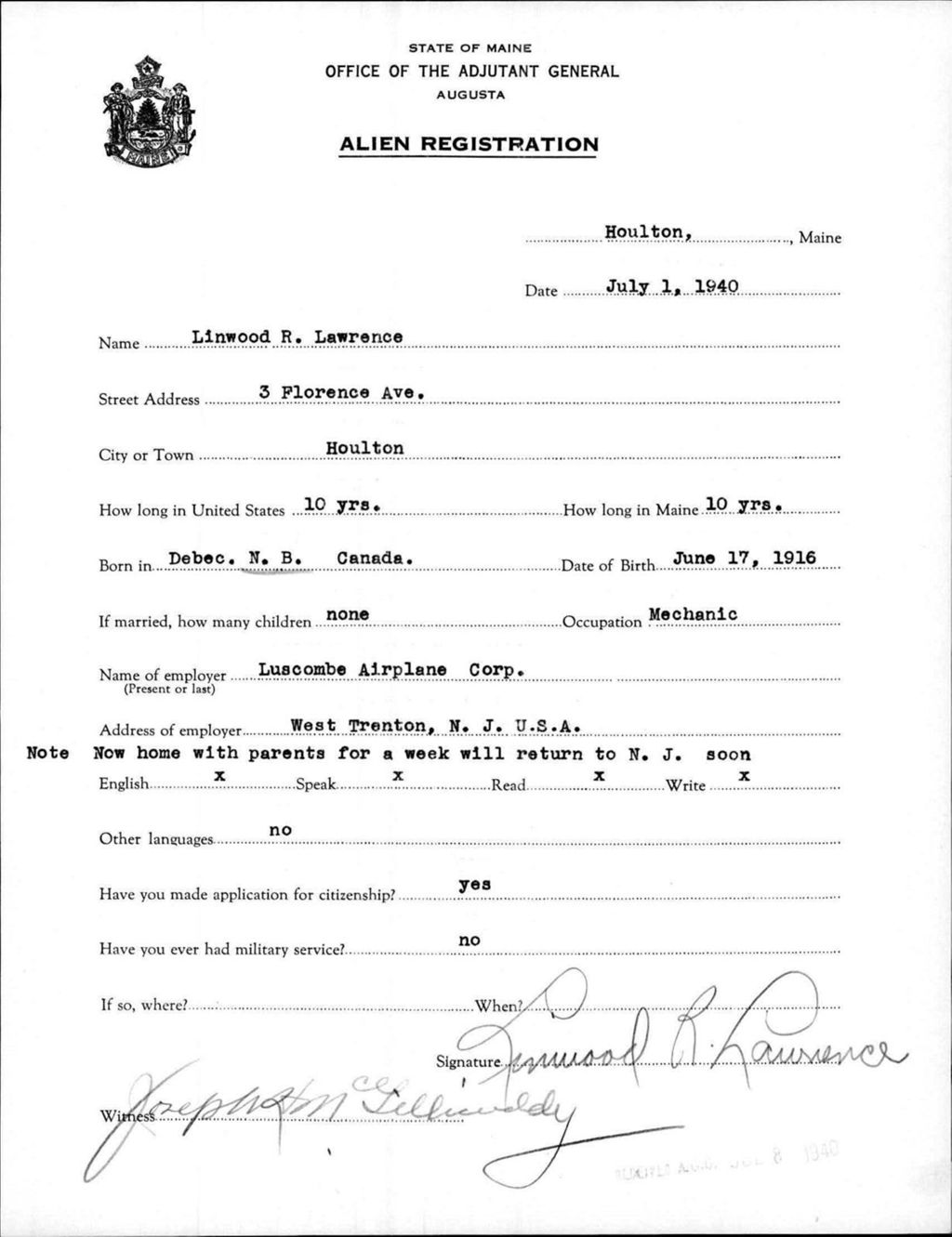 Miniature of Alien Registration- Lawrence, Linwood R. (Houlton, Aroostook County)