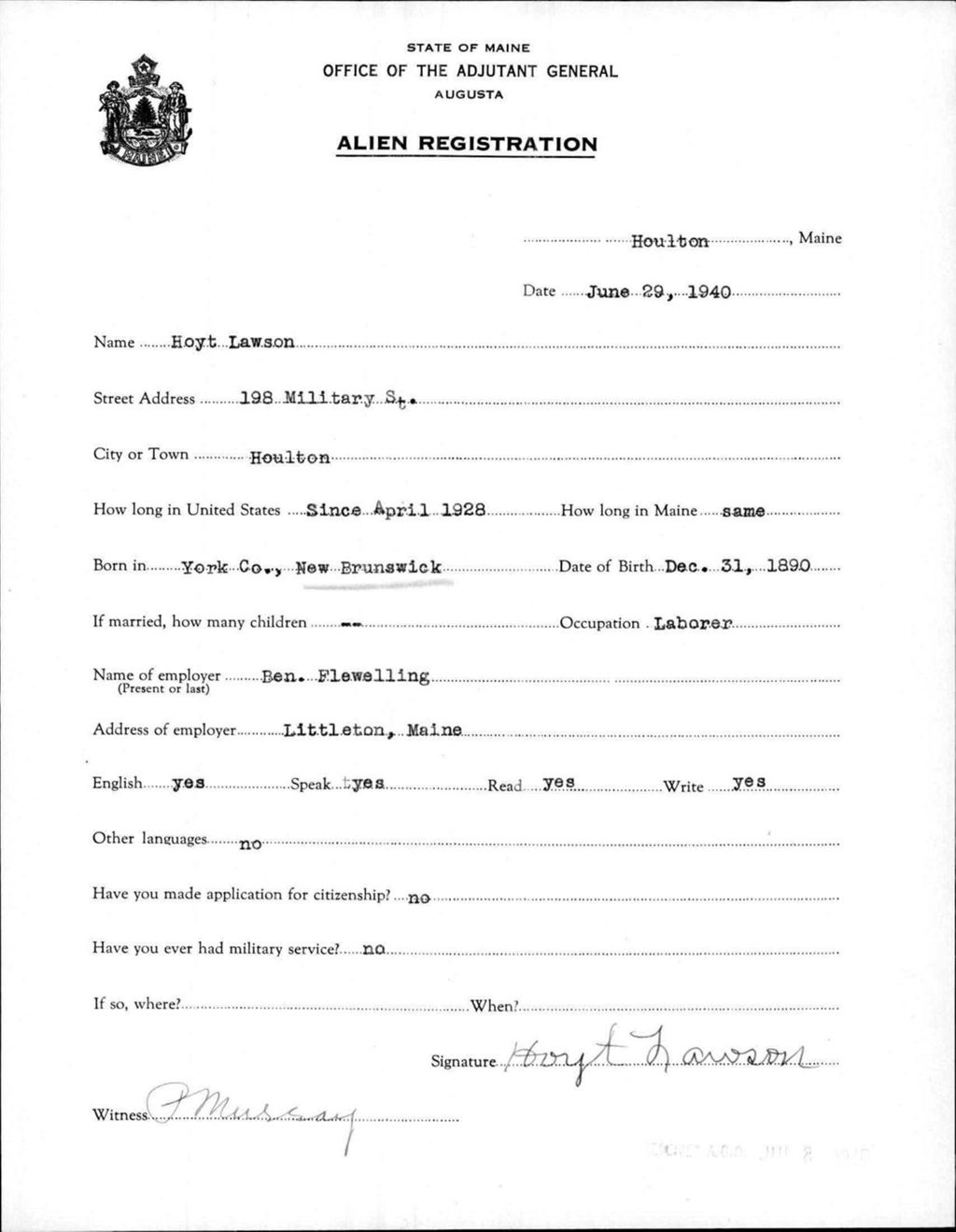 Miniature of Alien Registration- Lawson, Hoyt (Houlton, Aroostook County)