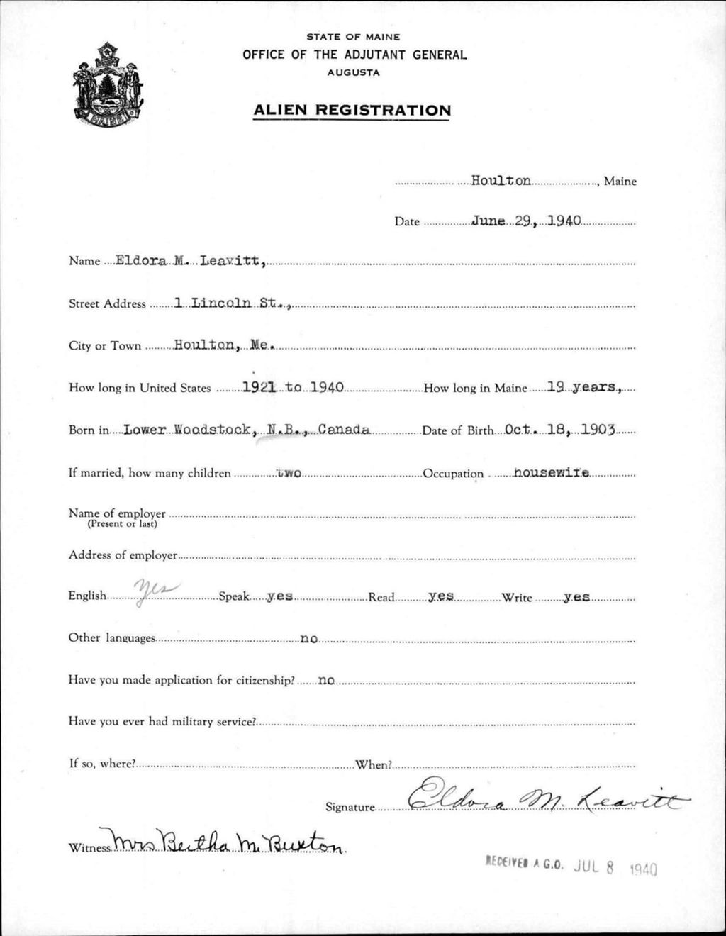 Miniature of Alien Registration- Leavitt, Eldora M. (Houlton, Aroostook County)