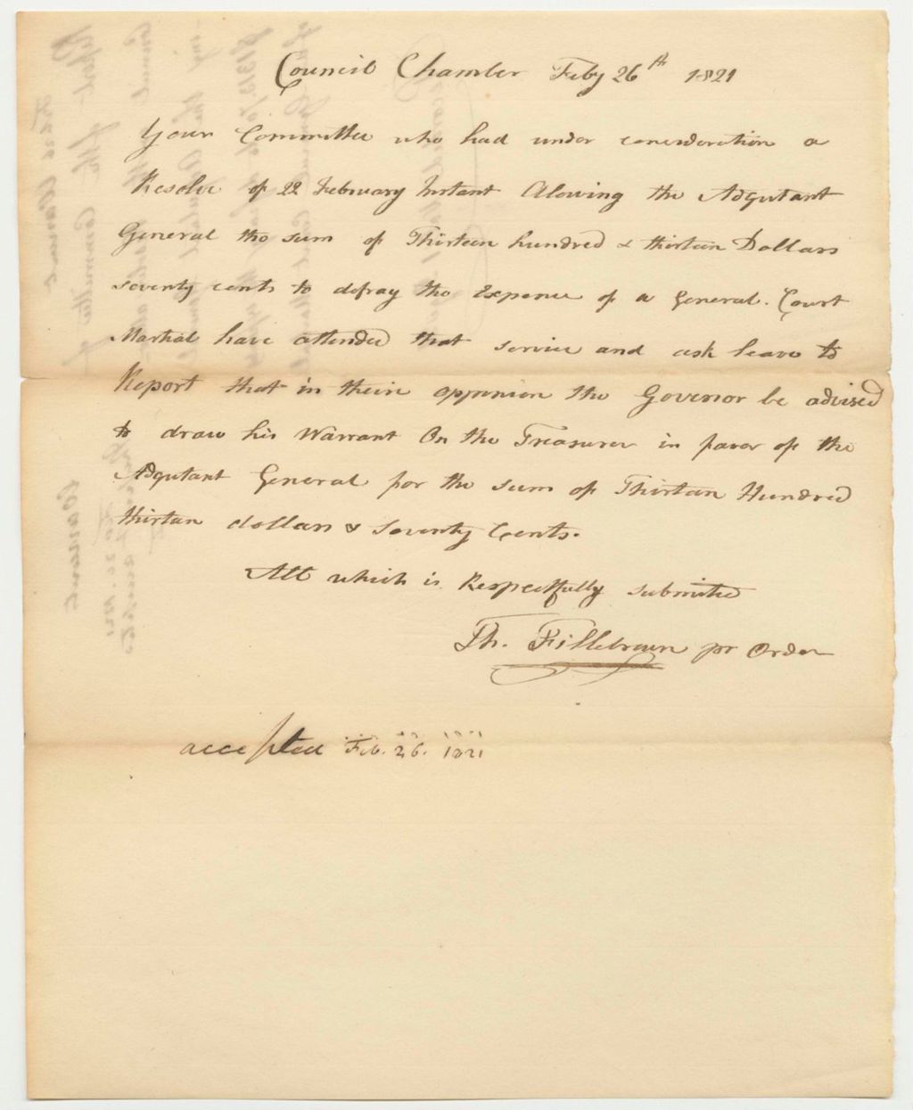 Miniature of Warrant 22: Report of the Committee of Council on the Resolve allowing the Adjutant General $1313.70 to defray the expenses of a General Court Martial