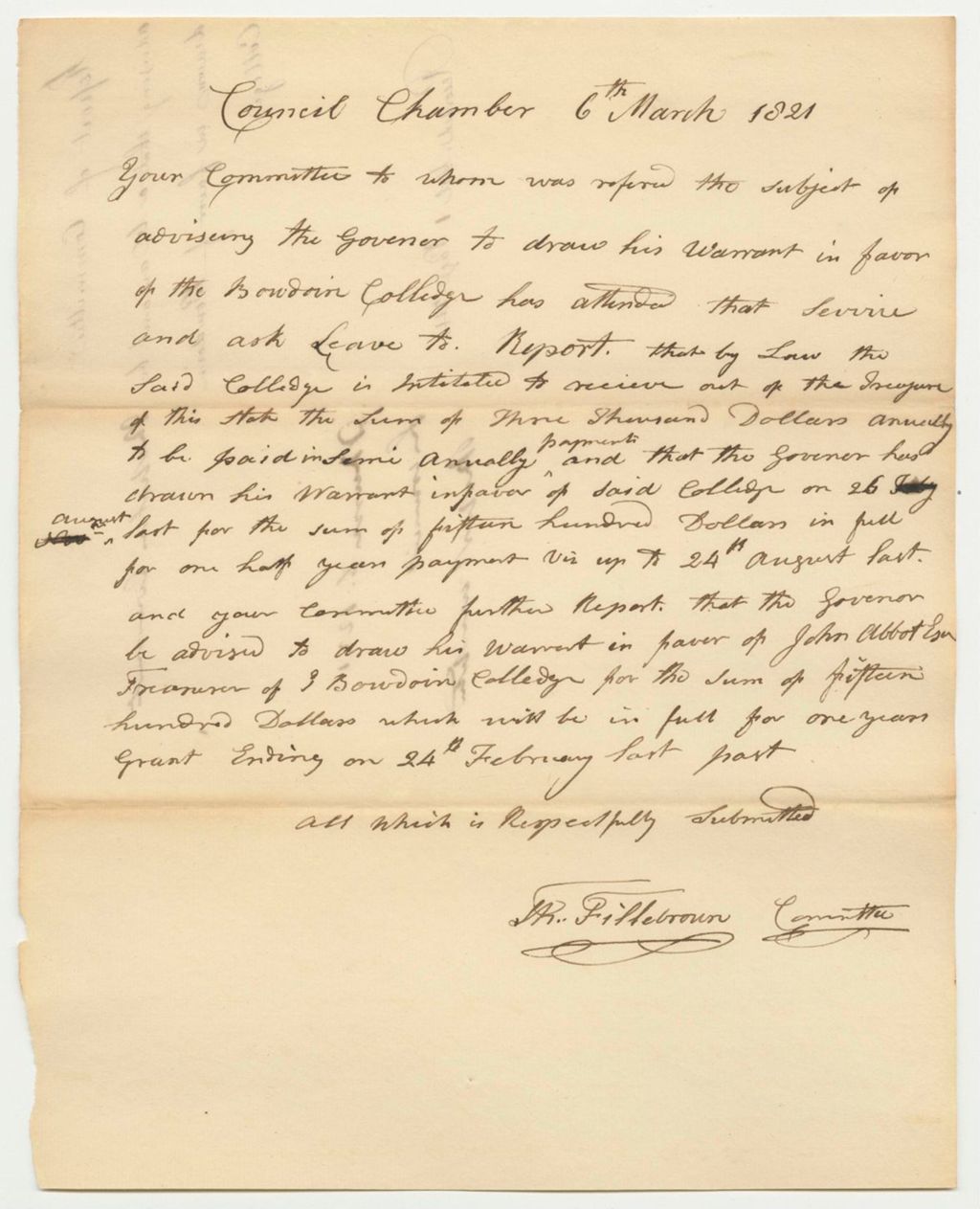 Miniature of Report 25: Report of the Committee advising that a Warrant be drawn in Favor of Bowdoin College