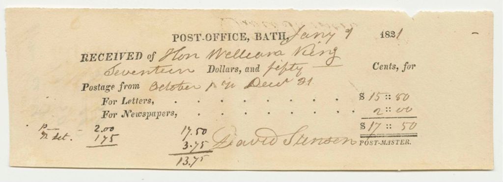 Miniature of Bath Post-Office Receipt for William King