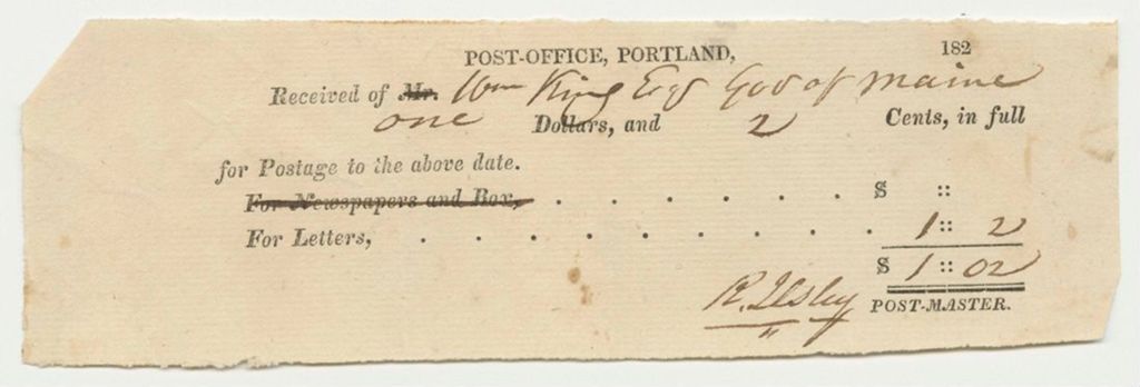 Miniature of Portland Post-Office Receipt for William King