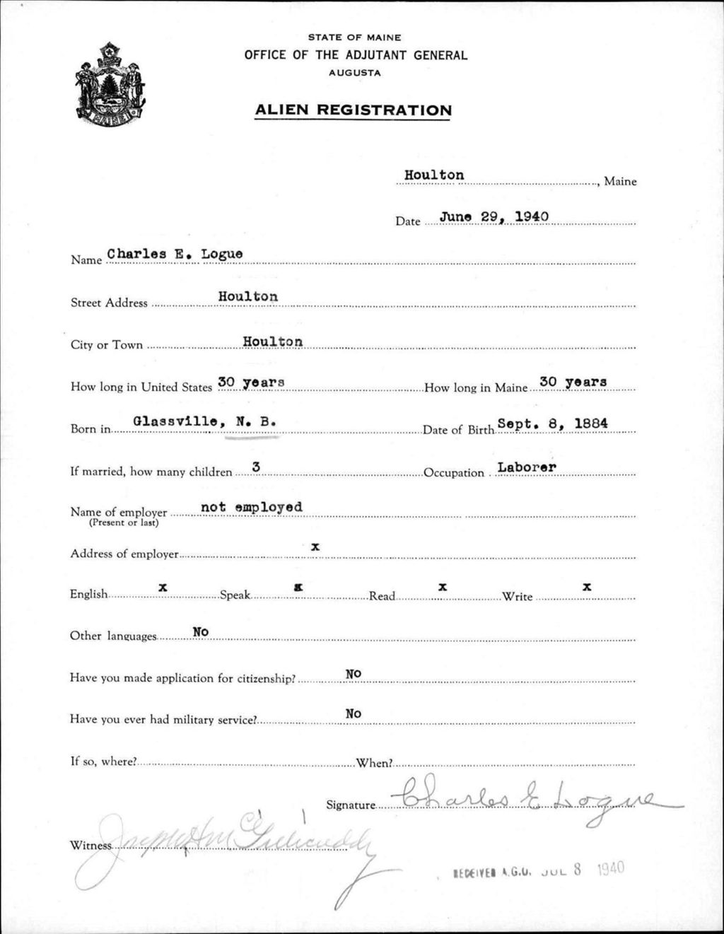 Miniature of Alien Registration- Logue, Charles E. (Houlton, Aroostook County)