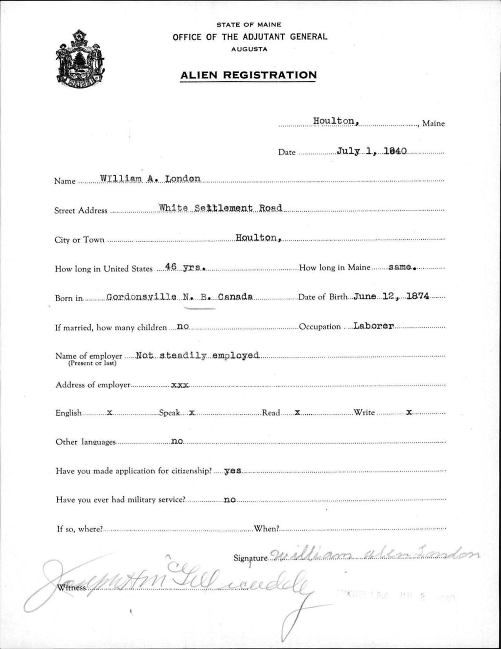 Miniature of Alien Registration- London, William A. (Houlton, Aroostook County)