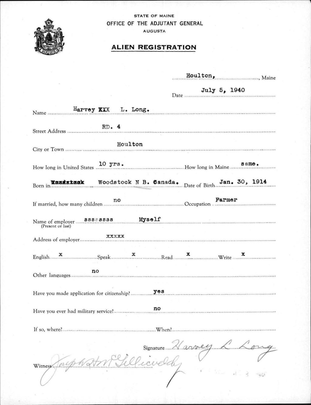 Miniature of Alien Registration- Long, Harvey L. (Houlton, Aroostook County)