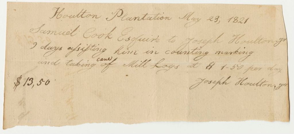 Miniature of Houlton Plantation Receipt for Samuel Cook Esq.