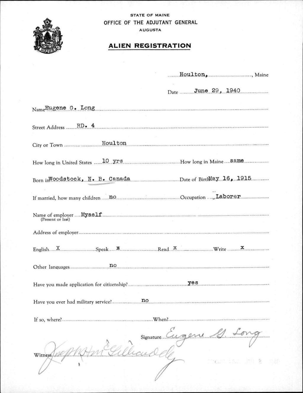 Miniature of Alien Registration- Long, Eugene G. (Houlton, Aroostook County)