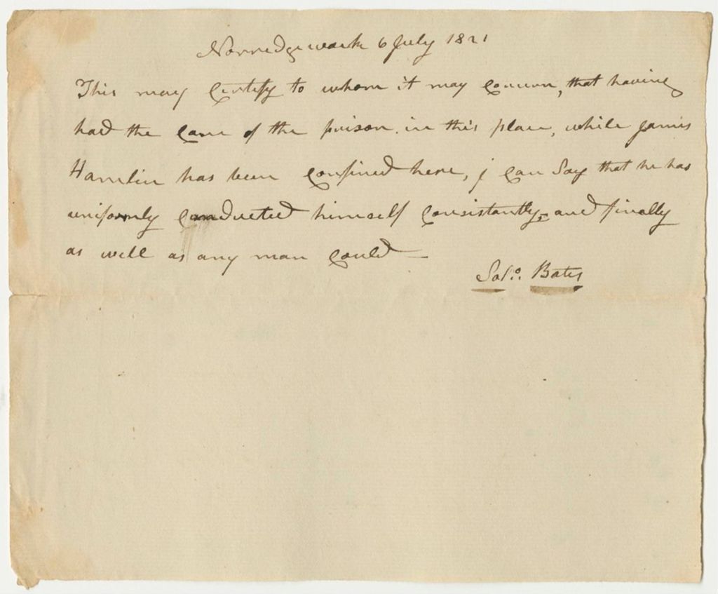 Miniature of Bates's Certificate of James Hamlin's Conduct in Prison