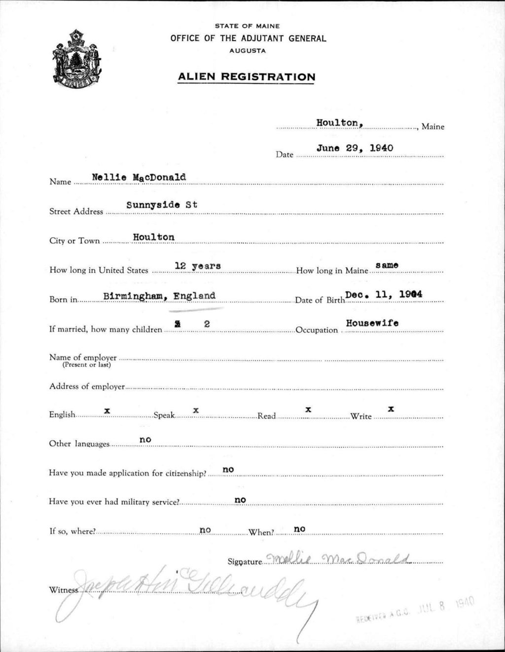 Miniature of Alien Registration- Macdonald, Nellie (Houlton, Aroostook County)