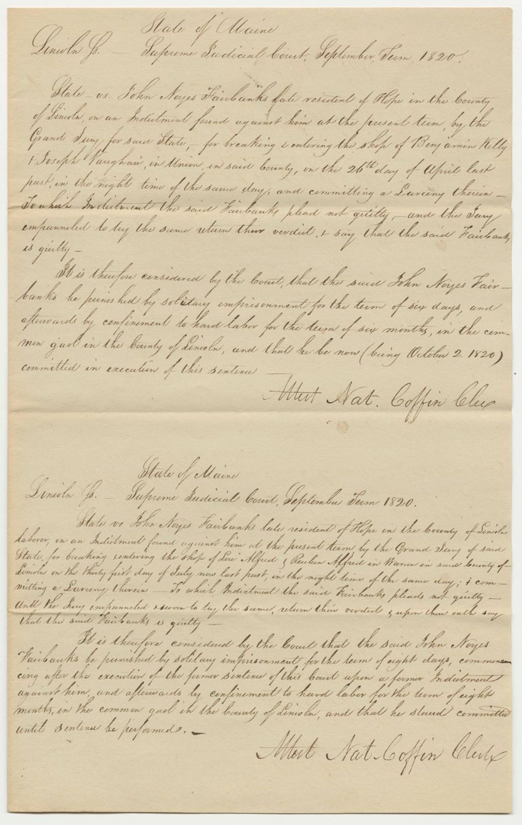 Miniature of State of Maine v. John N. Fairbanks Sentence