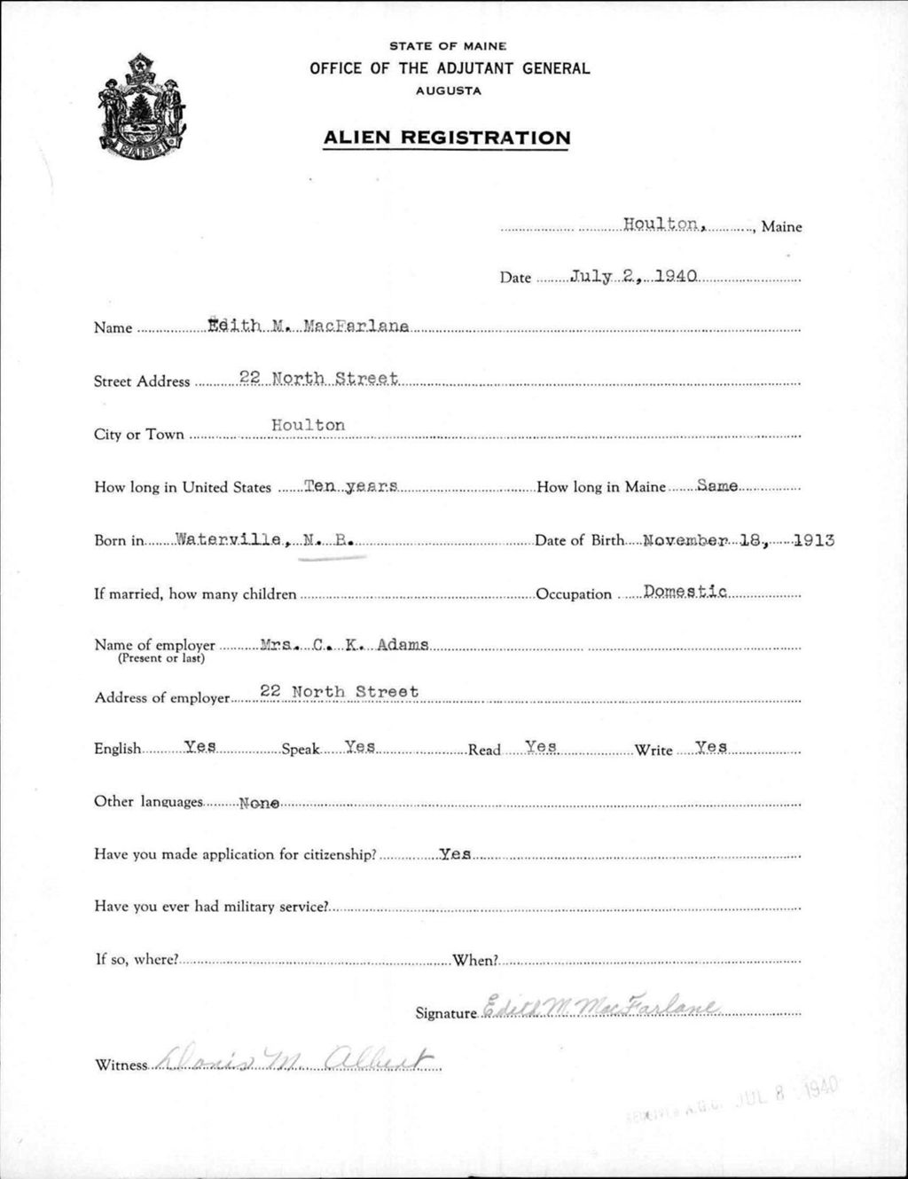 Miniature of Alien Registration- Macfarlane, Edith M. (Houlton, Aroostook County)