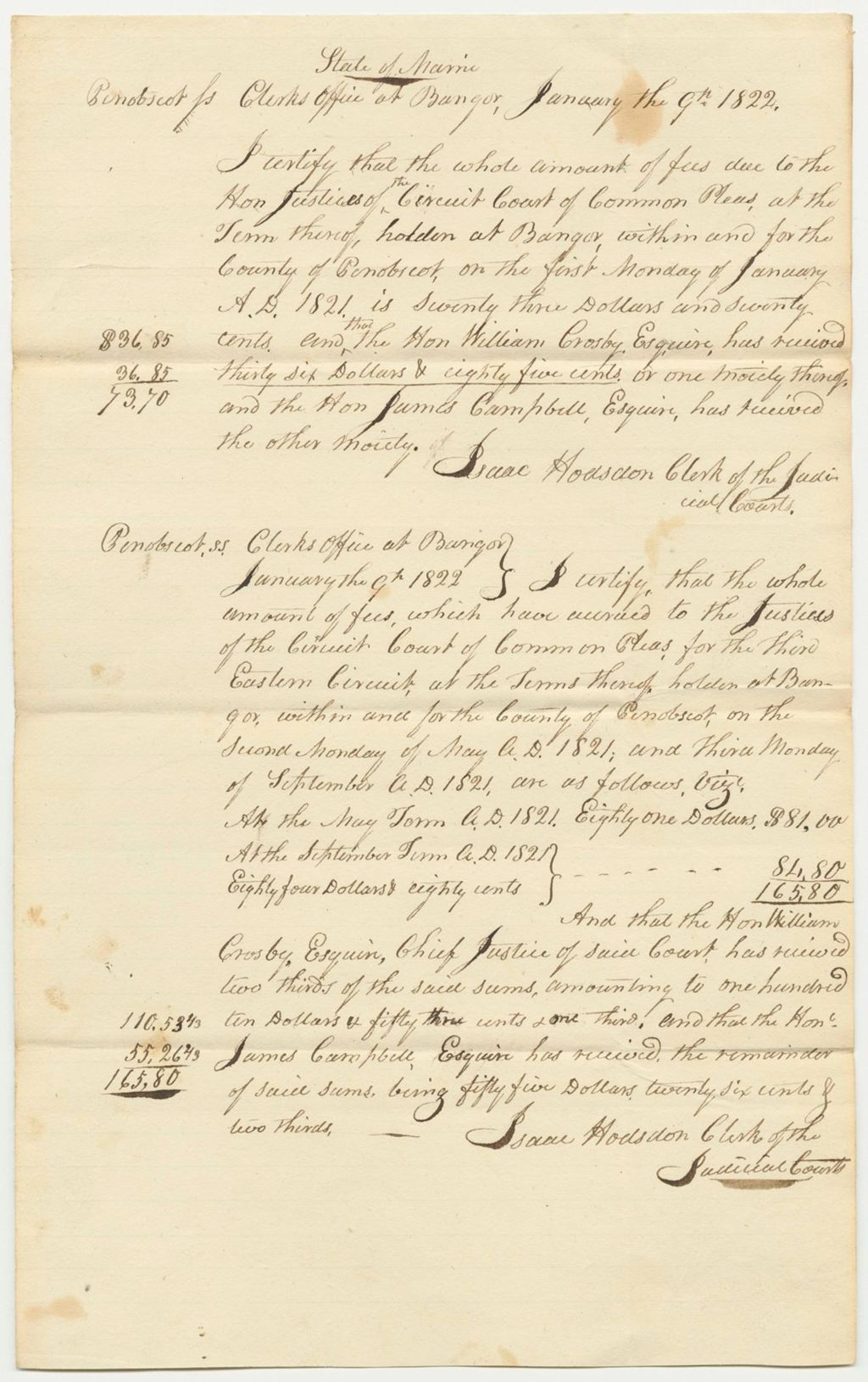 Miniature of Penobscot Clerk's Office Certificate of Receipts