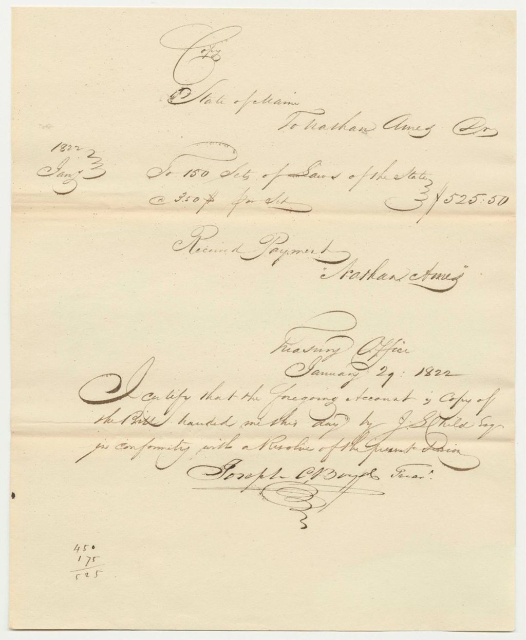 Miniature of Copy of State of Maine Receipt for Nathan Ames