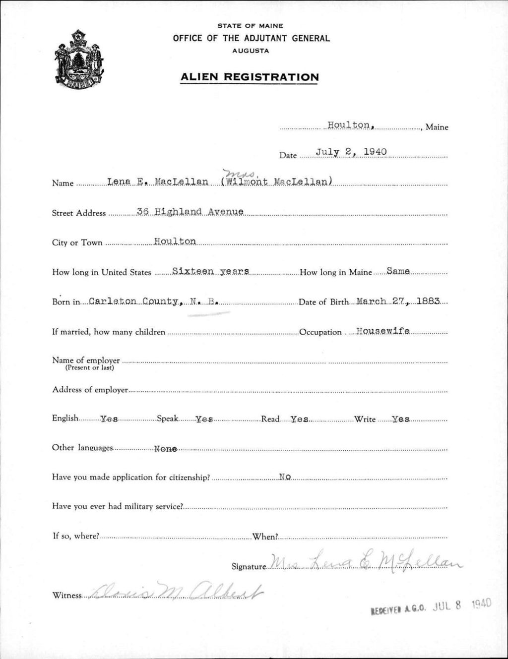 Miniature of Alien Registration- Maclellan, Lena E. (Houlton, Aroostook County)