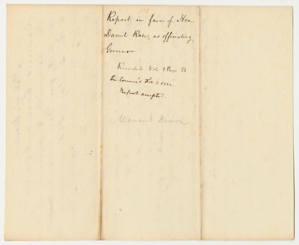 Miniature of Report 108: Report in Favor of Hon. Daniel Rose, as Officiating Governor