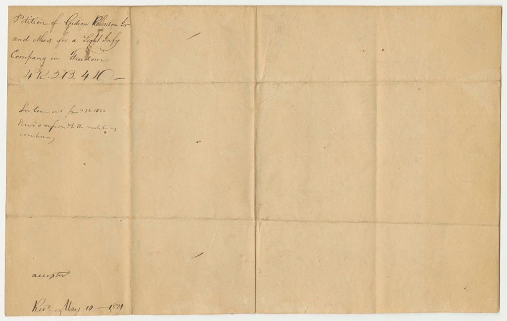 Miniature of Petition of Gideon Robinson Jr and others for a Light Infantry Company in Freedom 4R.2B.4D.