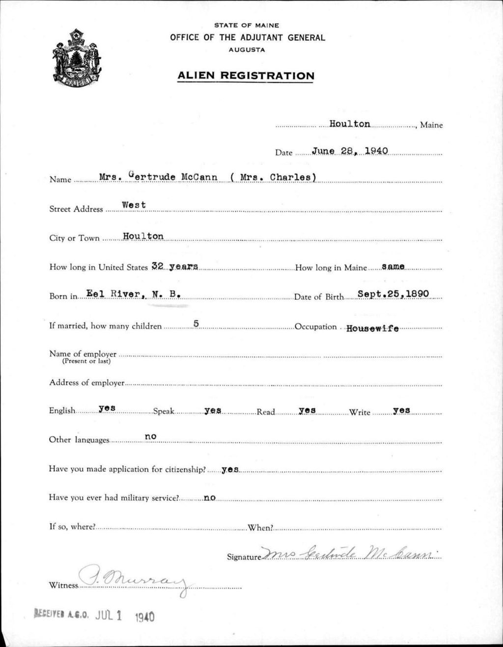 Miniature of Alien Registration- Mccann, Gertrude (Houlton, Aroostook County)
