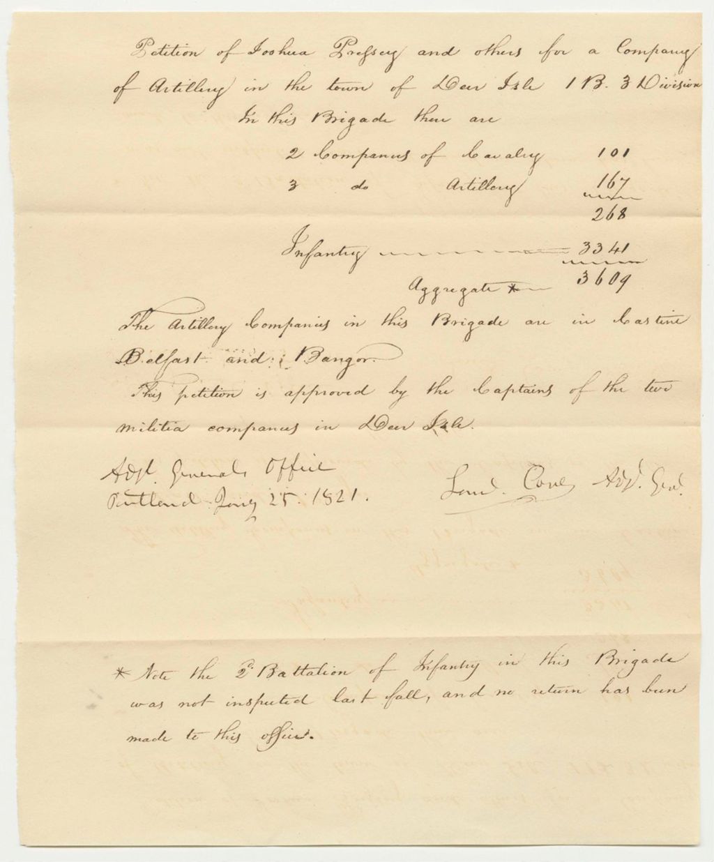 Miniature of Petition of Joshua Presley and others for a Company of Artillary in the town of Deer Isle