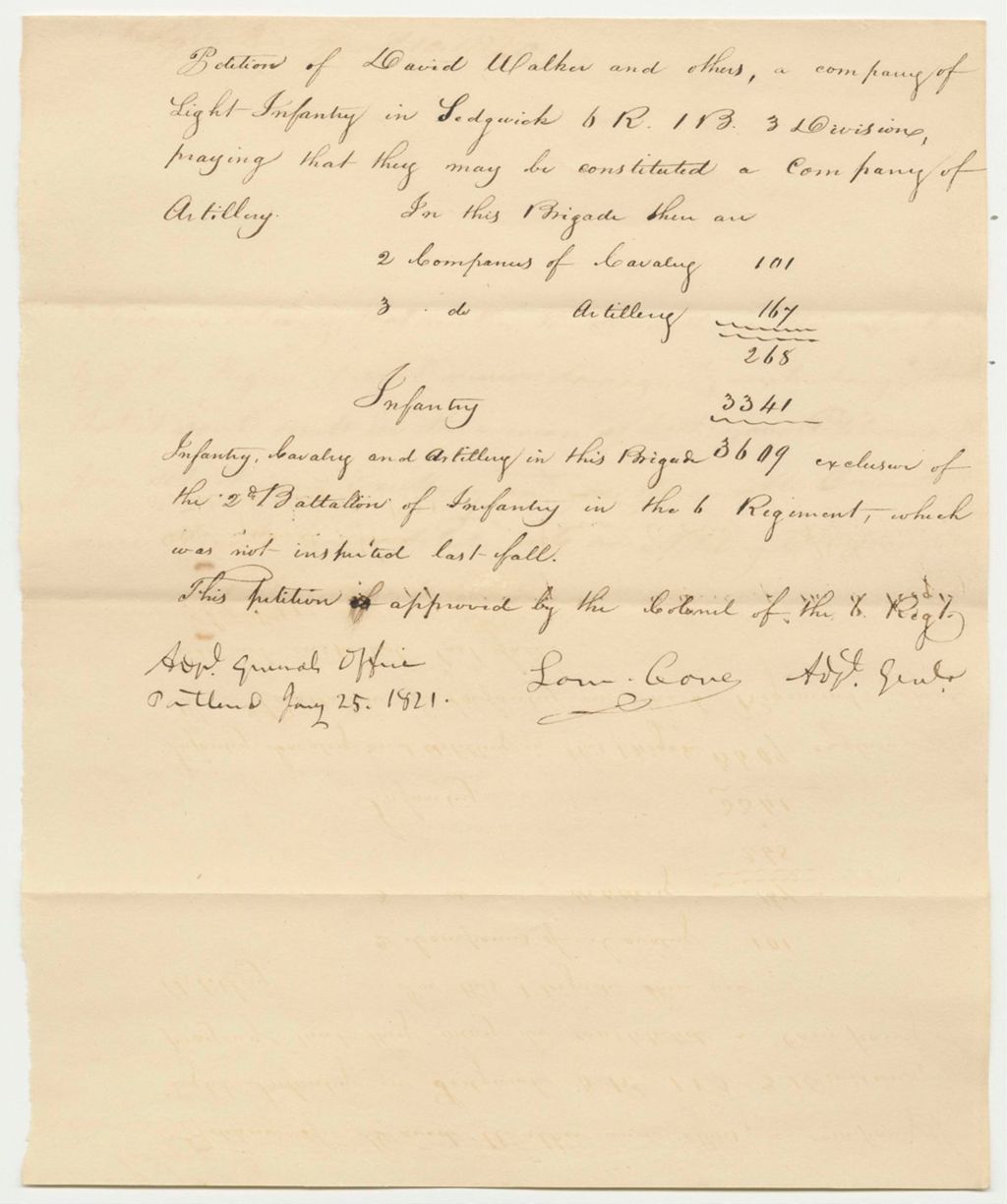 Miniature of Petition of David Walker and others for a Company of Light Infantry in Sedgwick 6R.1B.3D. Praying that they may be constituted a Company of Artillery