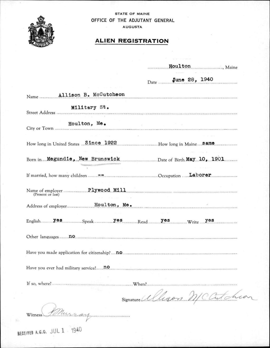 Miniature of Alien Registration- Mccutcheon, Allison B. (Houlton, Aroostook County)