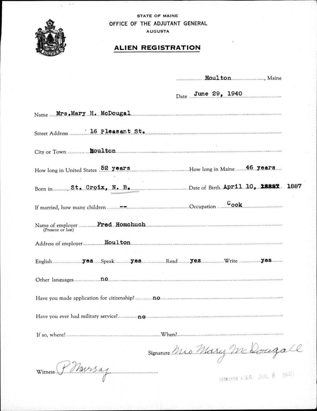 Miniature of Alien Registration- Mcdougal, Mary H. (Houlton, Aroostook County)