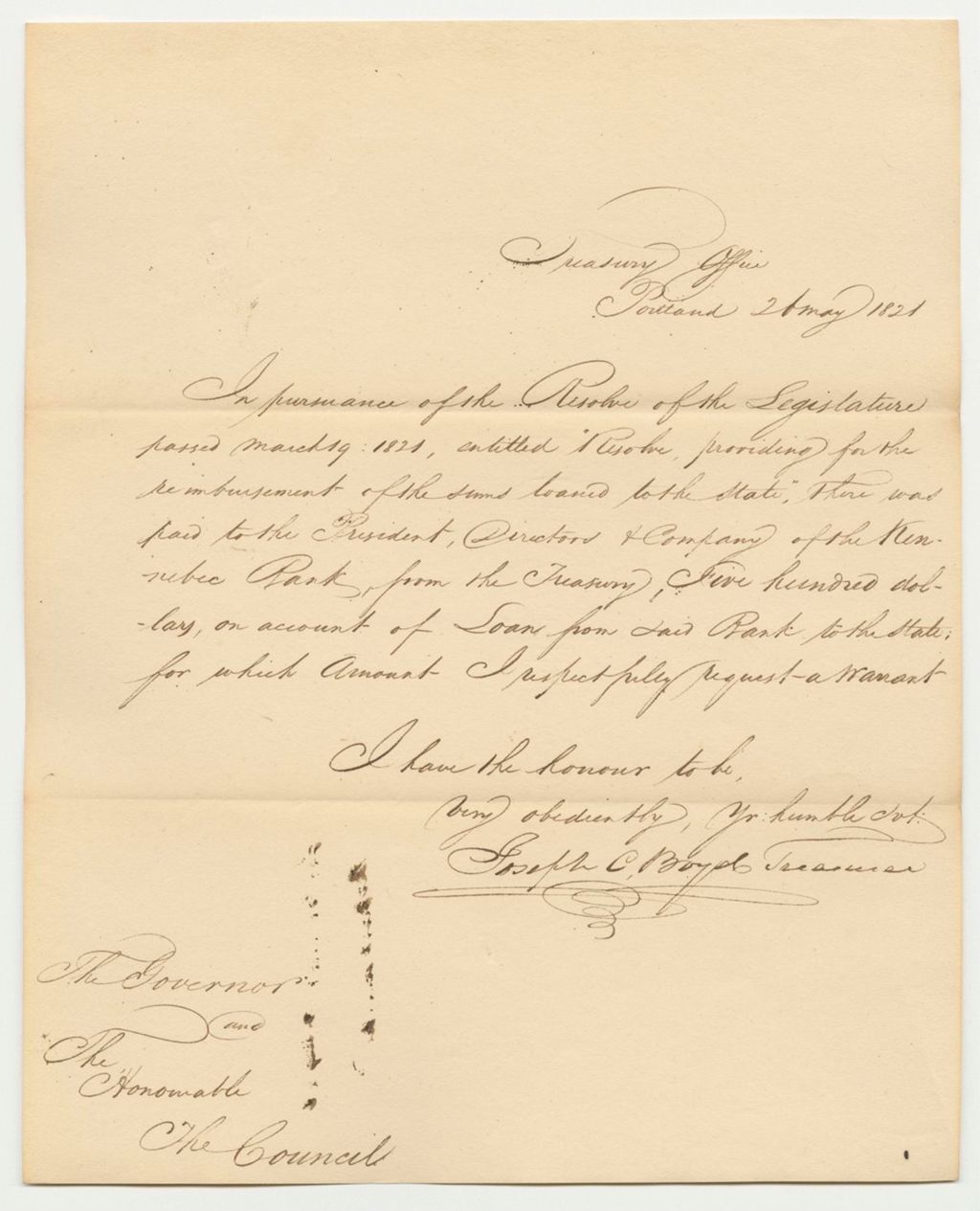 Miniature of Request of the Treasurer for a Warrant for Monies Paid the Kennebec Bank