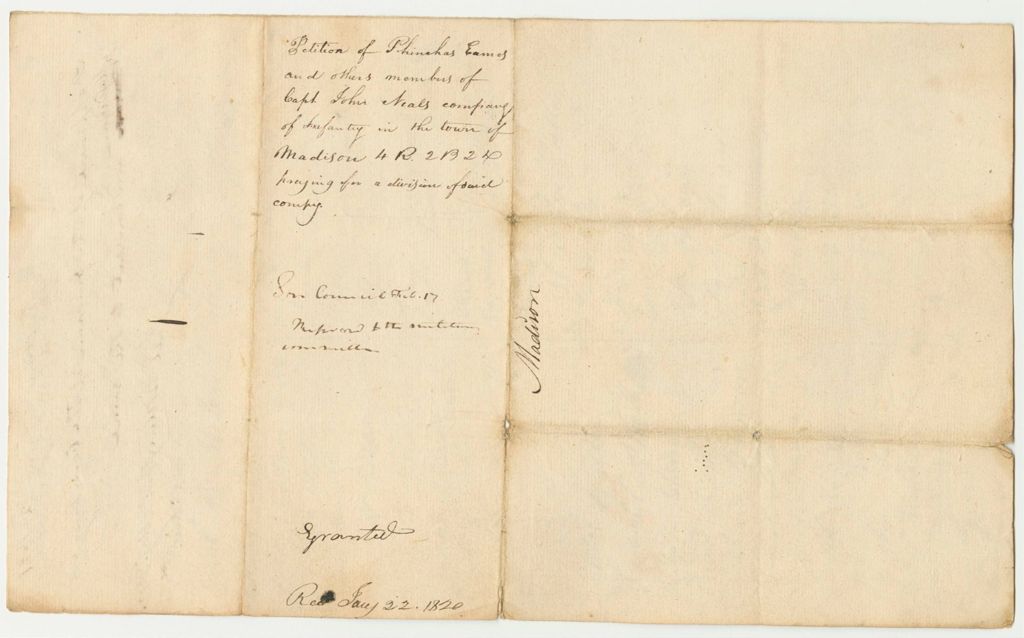 Miniature of Petition of Phinehas Eames and other, members of Capt John Neal's Company of Infantry in the town of Madison