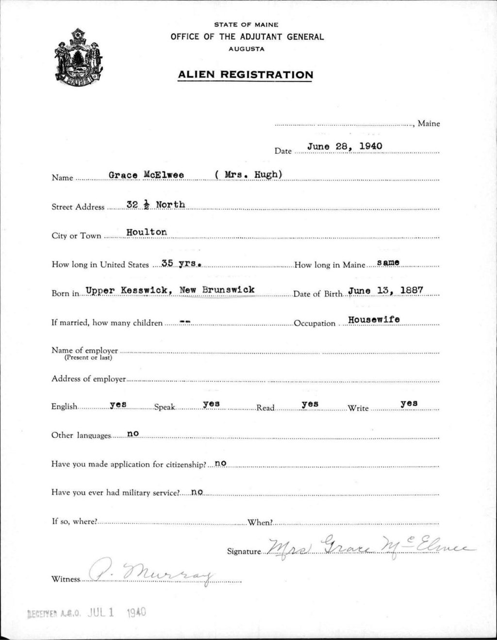Miniature of Alien Registration- Mcelwee, Grace (Houlton, Aroostook County)