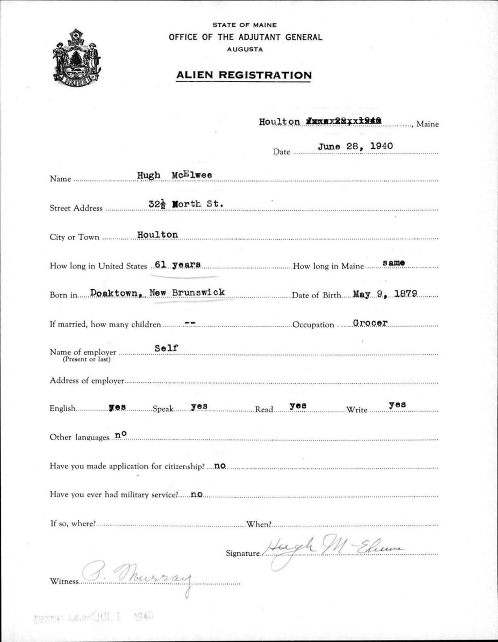 Miniature of Alien Registration- Mcelwee, Hugh (Houlton, Aroostook County)