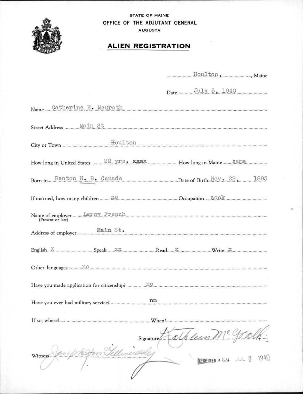 Miniature of Alien Registration- Mcgrath, Catherine E. (Houlton, Aroostook County)