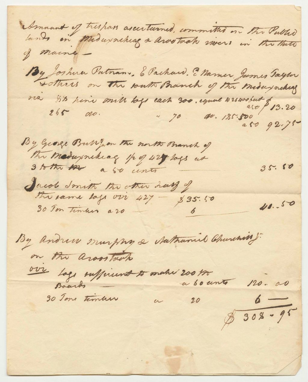 Miniature of Amount of Trespass Ascertained, Committed on the Public Lands in Meduxnekeag and Aroostook Rivers