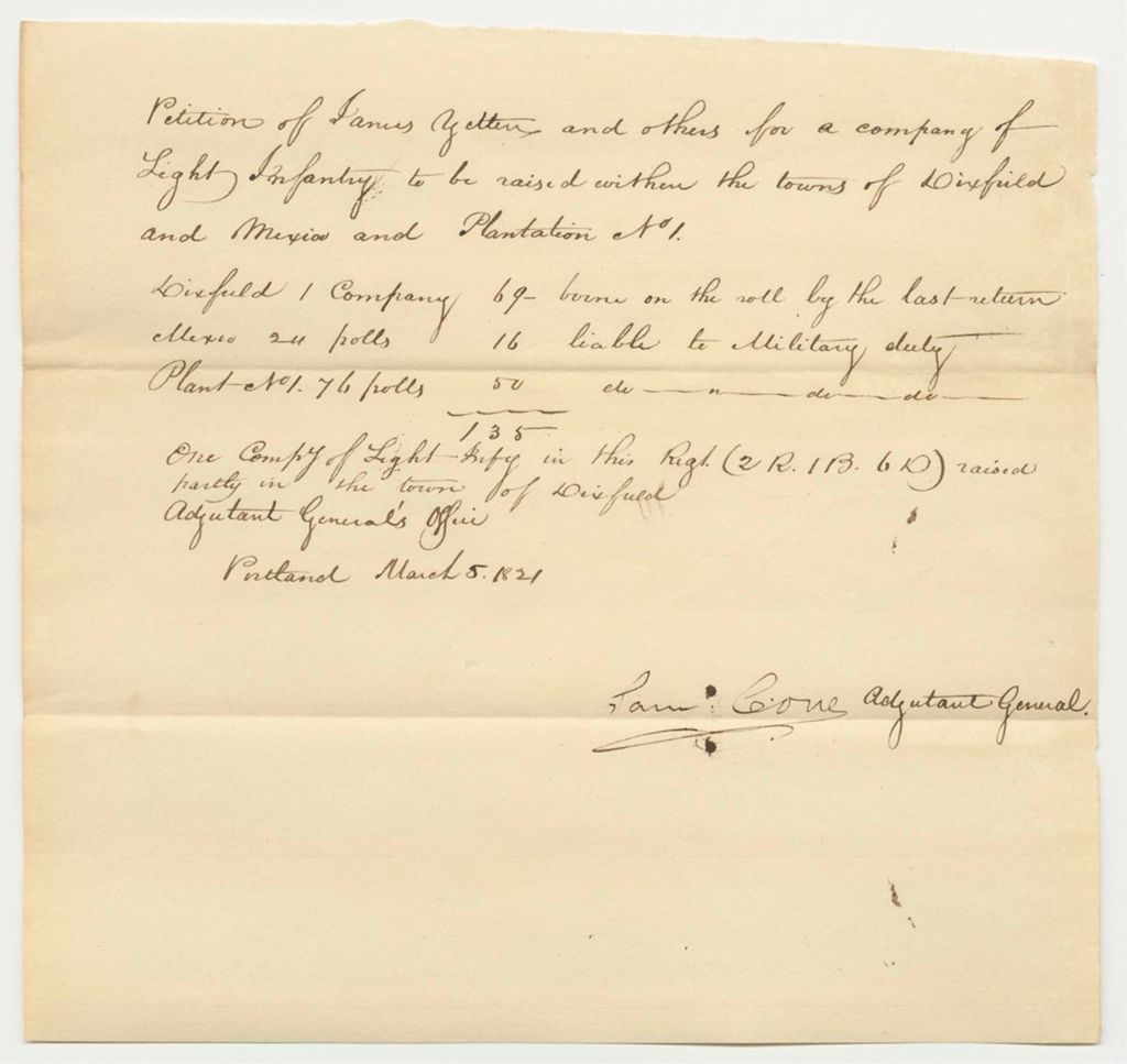 Miniature of Petition of James Yetten and others for a Company of Light Infantry to be Raised Within the Towns of Dixfield and Mexico and Plantation No. 1