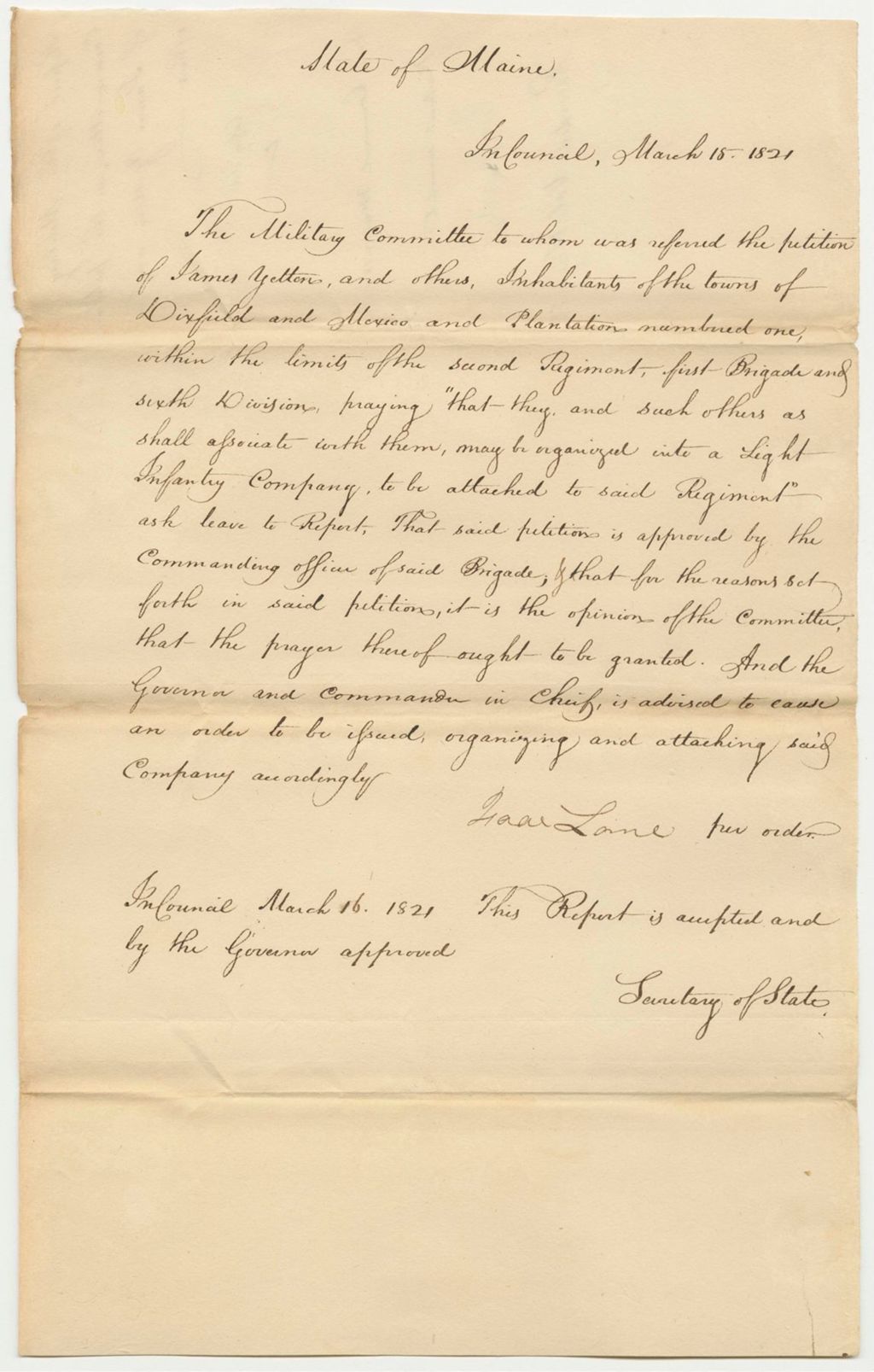 Miniature of Report 65: Report of the Military Committee on the Petitions of James Yetten and others
