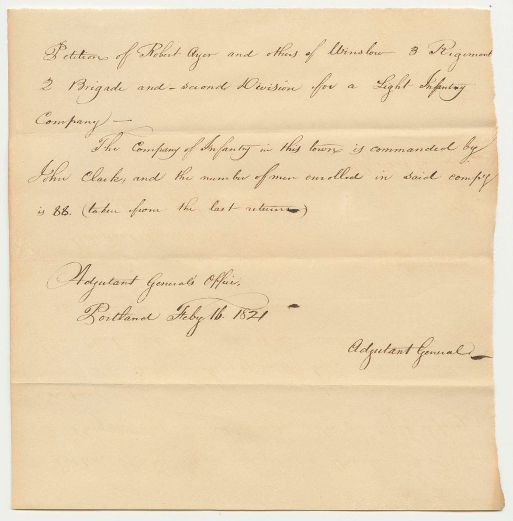 Miniature of Petition of Robert Ayer and others of Winslow 3R.2B.2D. For a Light Infantry Company