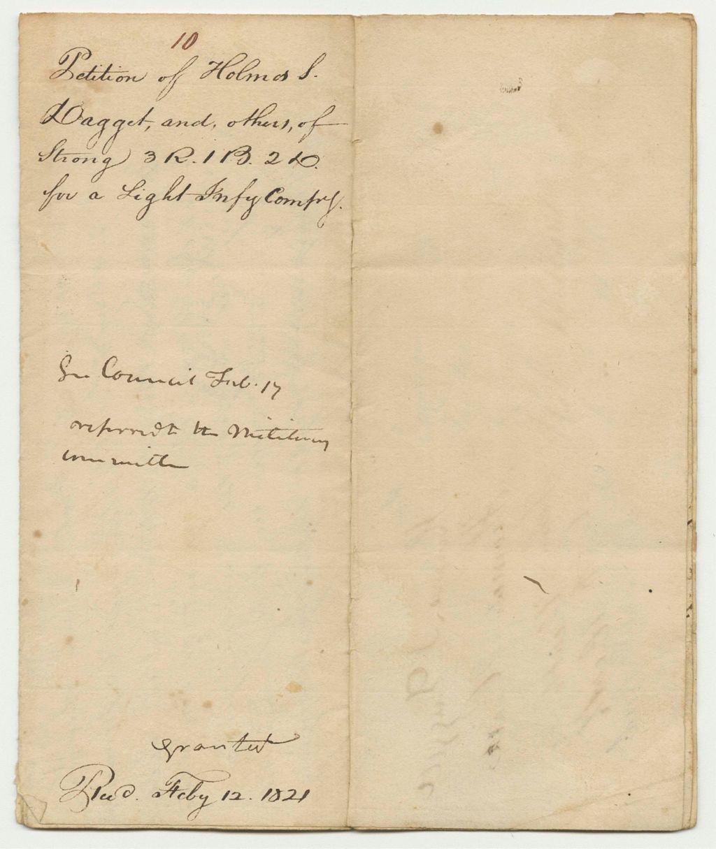 Miniature of Petition  10: Petition of Holmes S. Dagget and others of Strong 3R.1B.2D. For a Light Infantry